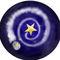 Star with spaceship spiraling out from it